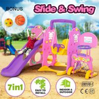 Colorful 7 in 1 Kids Playset with Swing & Slide Basketball Toys