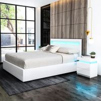 Super King PU Leather Gas Lift Storage Bed Frame Wood Bedroom Furniture w/LED Light - White