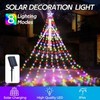 Solar LED String Light Fairy Waterfall Christmas Tree Decoration Ornament Star Topper Hanging Strip Indoor Outdoor 350 LEDs 9 Strands 8 Lighting Modes