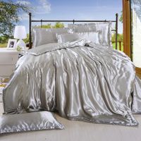 4P Faux Silk Bedding Set Duvet Cover Flat Sheet in Satin Alternative Quilted Comforter Bed Linings Bedroom (Gray, 220x240)
