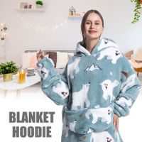 Wearable Blanket Hoodie,Oversized flannel Blanket Sweatshirt with Hood Pocket and Sleeves,Cozy Soft Warm Plush Hooded Blanket White Bear Adult Long Size