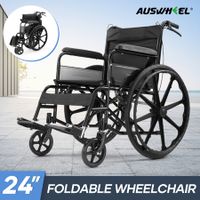 24 Inch Folding Wheelchair Mobility Disability Aid Travel Portable Lightweight Elderly Transport Equipment Rear Hand Brakes Auswheel