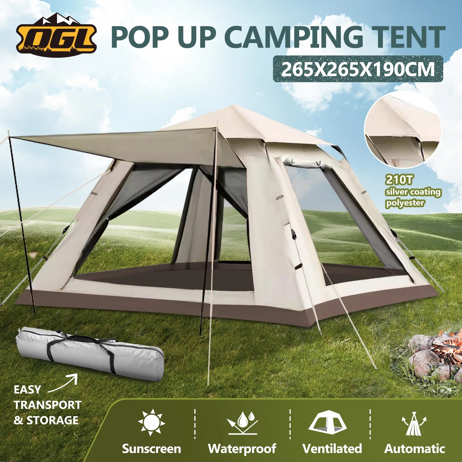 5 Person Camping Tent Pop Up Family Instant Party Beach Sun Shade Shelter Waterproof Outdoor Hiking Picnic 265x265x190cm Creamy White