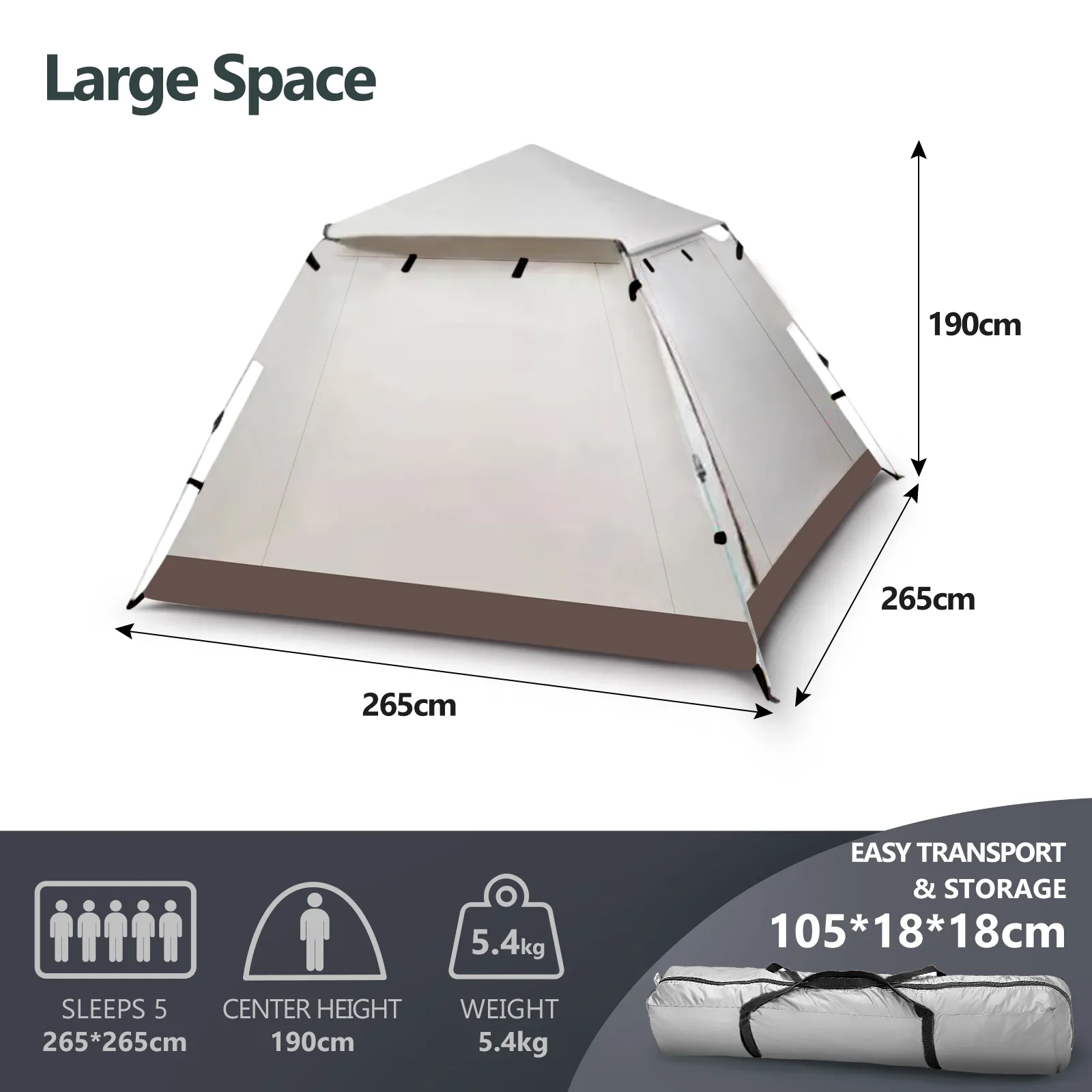 5 Person Camping Tent Pop Up Family Instant Party Beach Sun Shade Shelter Waterproof Outdoor Hiking Picnic 265x265x190cm Creamy White