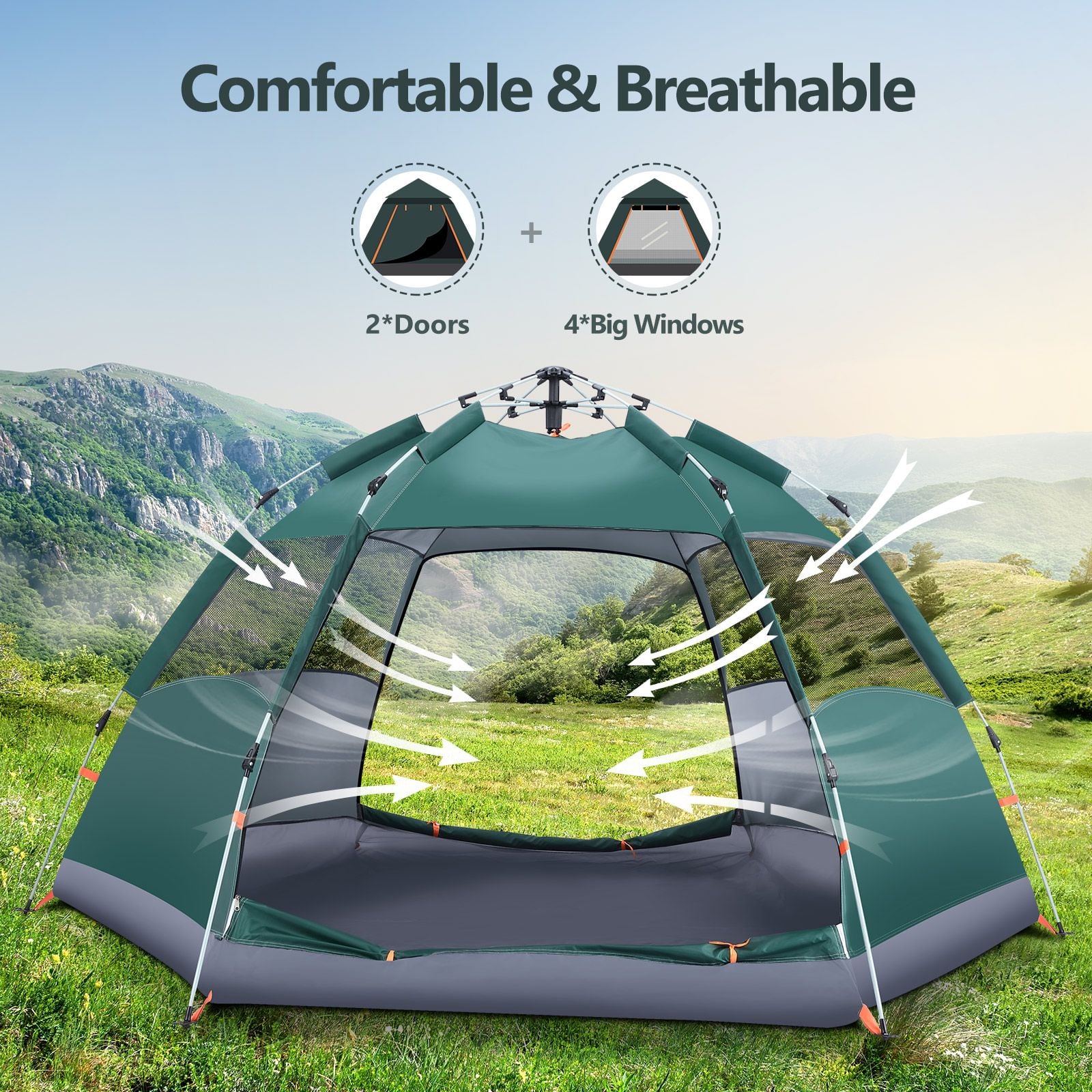 5 Man Beach Tent Shelter Camping Pop Up Instant Dome Family Shade Hiking Sun Rain Picnic Outdoor Waterproof 270x270x150cm Green
