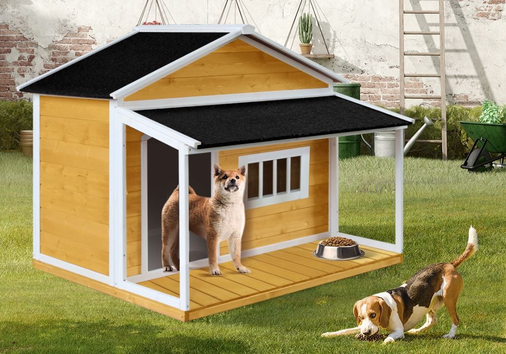 Dog House Kennel Raised Wooden Puppy Pet Shelter Home Outdoor Inside with Porch Window Door Asphalt Roof XL