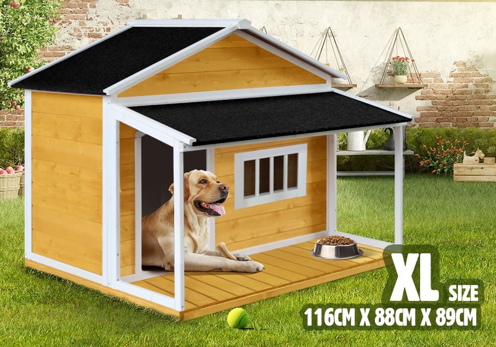 Dog House Kennel Raised Wooden Puppy Pet Shelter Home Outdoor Inside with Porch Window Door Asphalt Roof XL