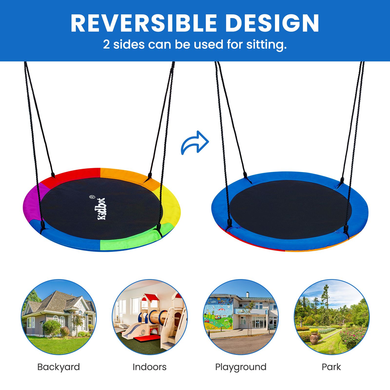 Tree Swing Seat Chair Set Childrens Hanging Outdoor Indoor Round Flying Saucer Playset Outsides Garden Camping 2 Sides Disc Straps Carabiners Kidbot