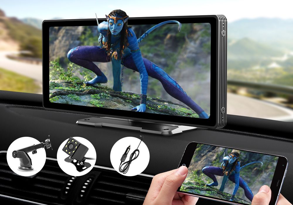 10.26 Inch Portable Car Stereo Radio Apple Carplay Android Auto MP5 Player Bluetooth Head Unit Audio System Touchscreen with Camera