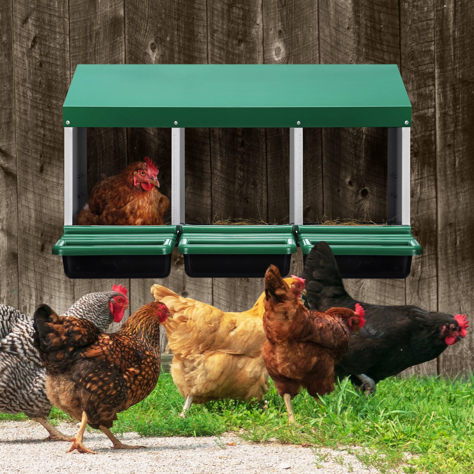Chicken Nesting Box 3 Compartments Roll Away Hen Chook Laying Nest Boxes Coop Poultry Egg Brooder Roost Perch Galvanised Steel Plastic with Stand