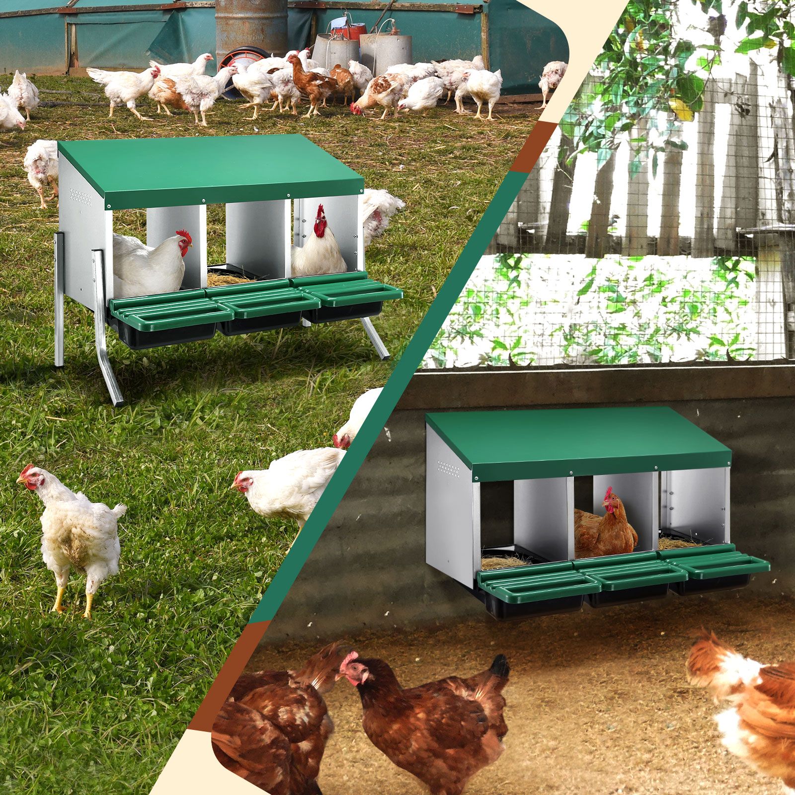 Chicken Nesting Box 3 Compartments Roll Away Hen Chook Laying Nest Boxes Coop Poultry Egg Brooder Roost Perch Galvanised Steel Plastic with Stand
