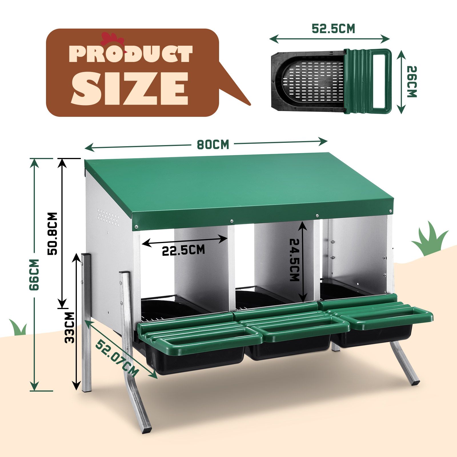 Chicken Nesting Box 3 Compartments Roll Away Hen Chook Laying Nest Boxes Coop Poultry Egg Brooder Roost Perch Galvanised Steel Plastic with Stand