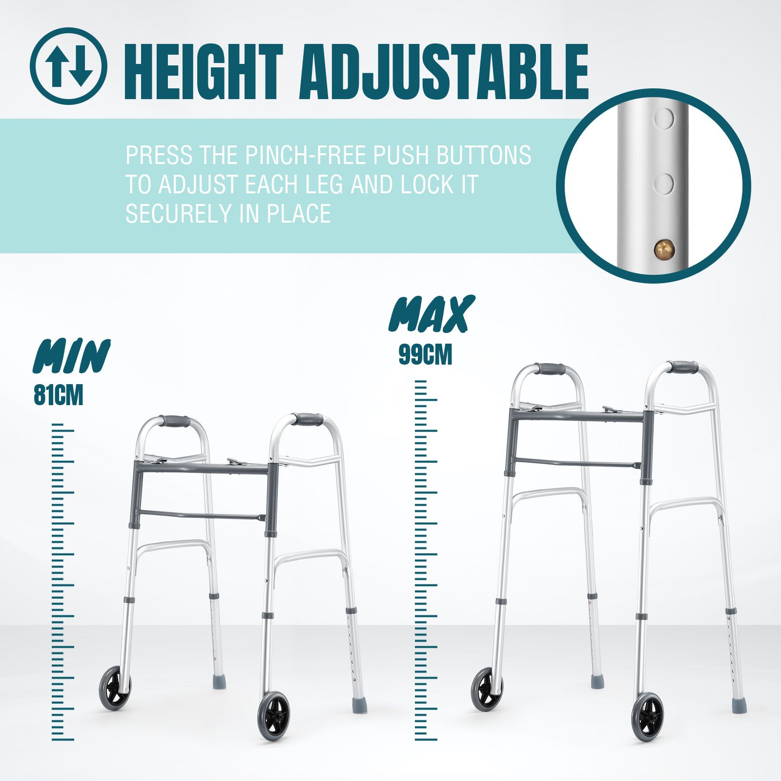 3 IN 1 Folding Walker Medical Aid Elderly Mobility Walking Height Adjustable Toilet Outdoor Aluminum Frame Wheels Standard Lightweight