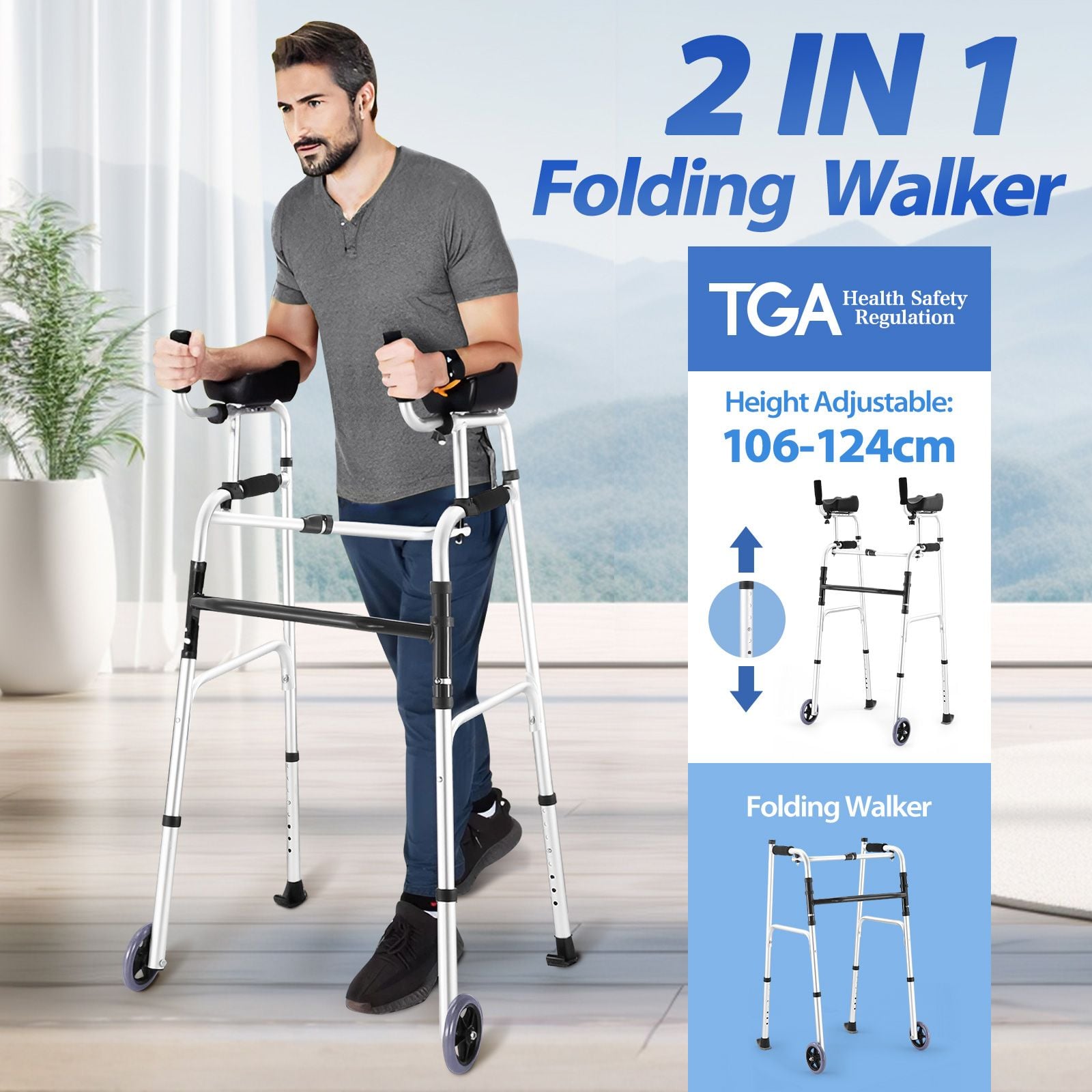 2in1 Folding Walker Medical Aid Elderly Mobility Walking Height Arm Adjustable Toilet Outdoor Aluminium Wheels Lightweight