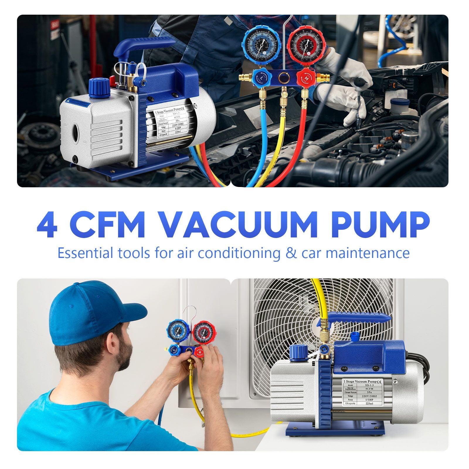 4CFM Vacuum Pump Set 1/3 HP 1 Stage Air Conditioning HVAC Refrigeration Auto AC Repair Tools Food Clothes Packaging R134A R410 Manifold Gauges