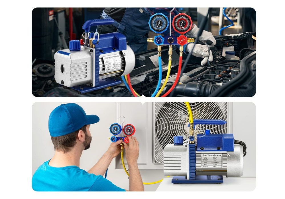 4CFM Vacuum Pump Set 1/3 HP 1 Stage Air Conditioning HVAC Refrigeration Auto AC Repair Tools Food Clothes Packaging R134A R410 Manifold Gauges