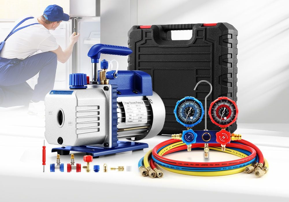 4CFM Vacuum Pump Set 1/3 HP 1 Stage Air Conditioning HVAC Refrigeration Auto AC Repair Tools Food Clothes Packaging R134A R410 Manifold Gauges
