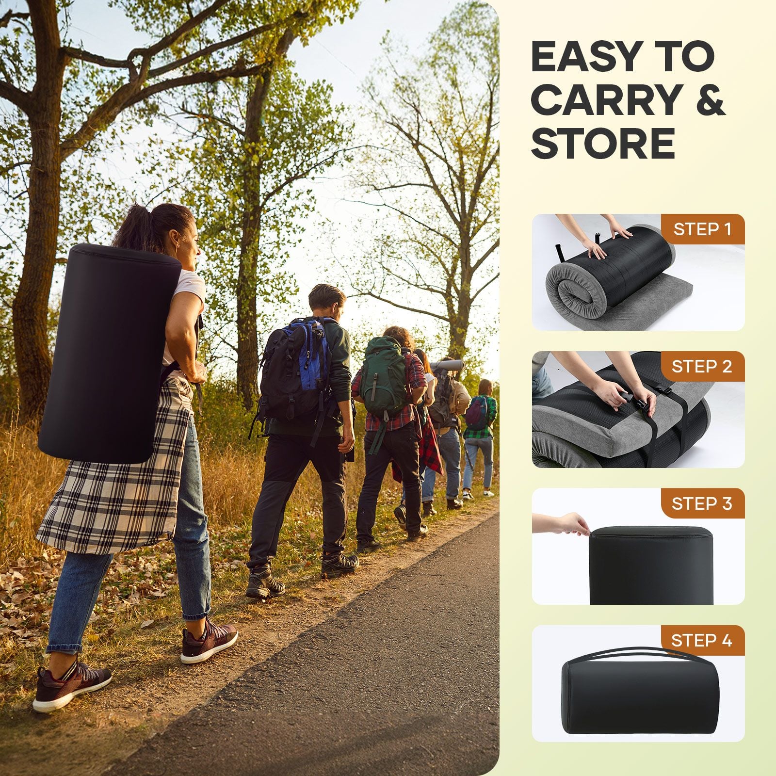 Single Foam Mattress Floor Camping Roll Up Cushion Portable Sleeping Travel Mat Thick Couch Bed Pad with Carrying Bag Grey