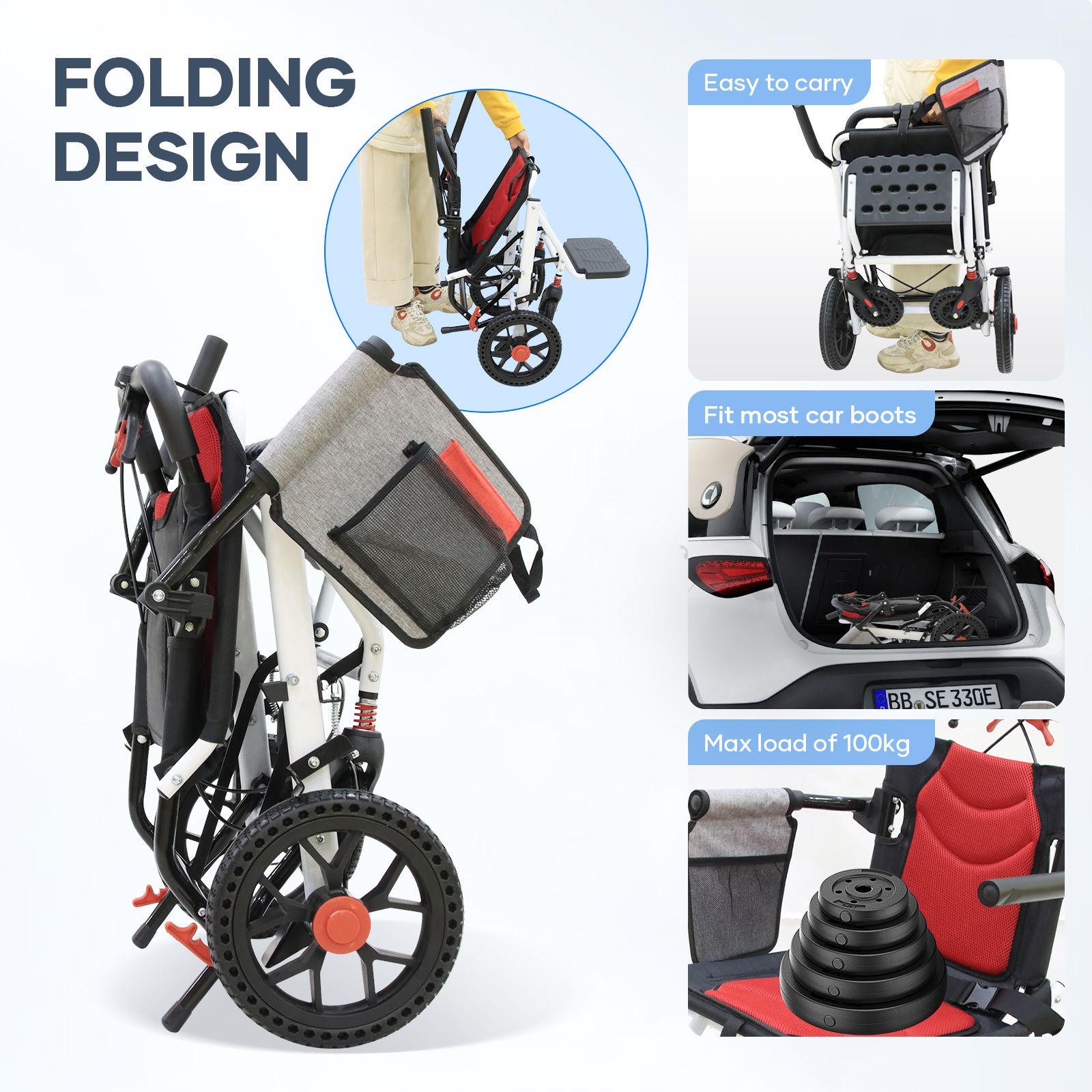 12 Inch Folding Wheelchair Mobility Disability Aid Equipment Portable PU Wheel Travel Lightweight Elderly Rear Hand Brakes Auswheel