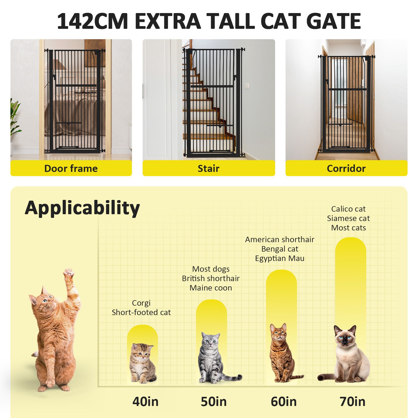 Pet Safety Gate Dog Cat Security Extra Tall Retractable Fence Enclosure Guard Kitchen Doorway Stairs Barrier with Walk Through Door 142cm Height