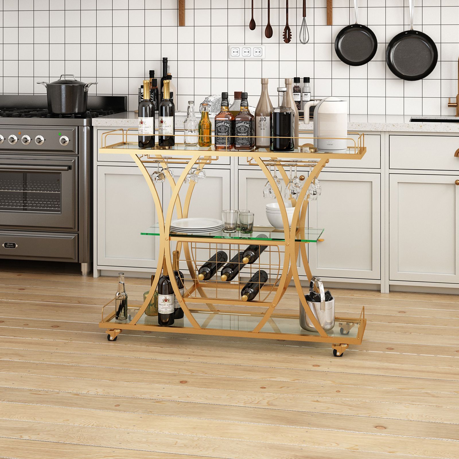 Bar Cart Wine Rack Drinks Trolley Gold Glass Holder Serving Mirror Shelves Alcohol Tea Coffee Home Kitchen Storage Rolling Wheels Metal Frame Mobile