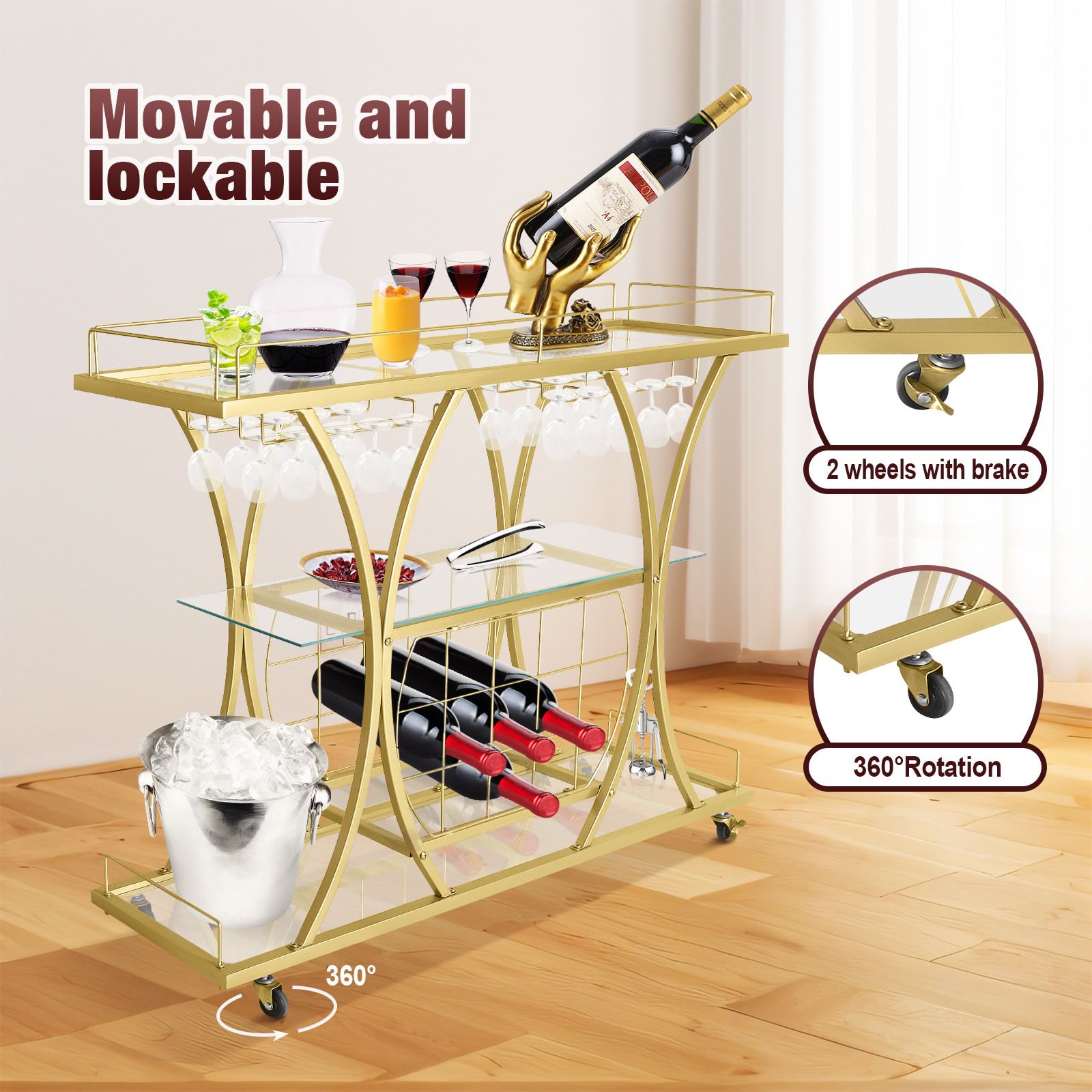 Bar Cart Wine Rack Drinks Trolley Gold Glass Holder Serving Mirror Shelves Alcohol Tea Coffee Home Kitchen Storage Rolling Wheels Metal Frame Mobile