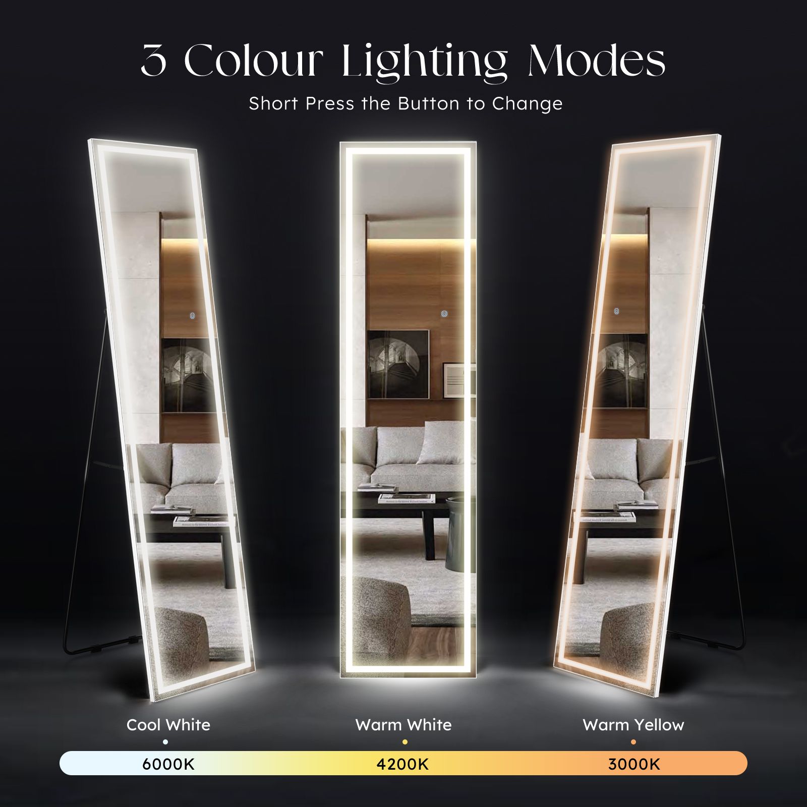 LED Full Length Mirror Floor Vanity Free Standing Body Wall Mounted Hanging Leaning Lighted Hallway Bedroom Dressing Makeup 3 Light Colours 40x2x160cm