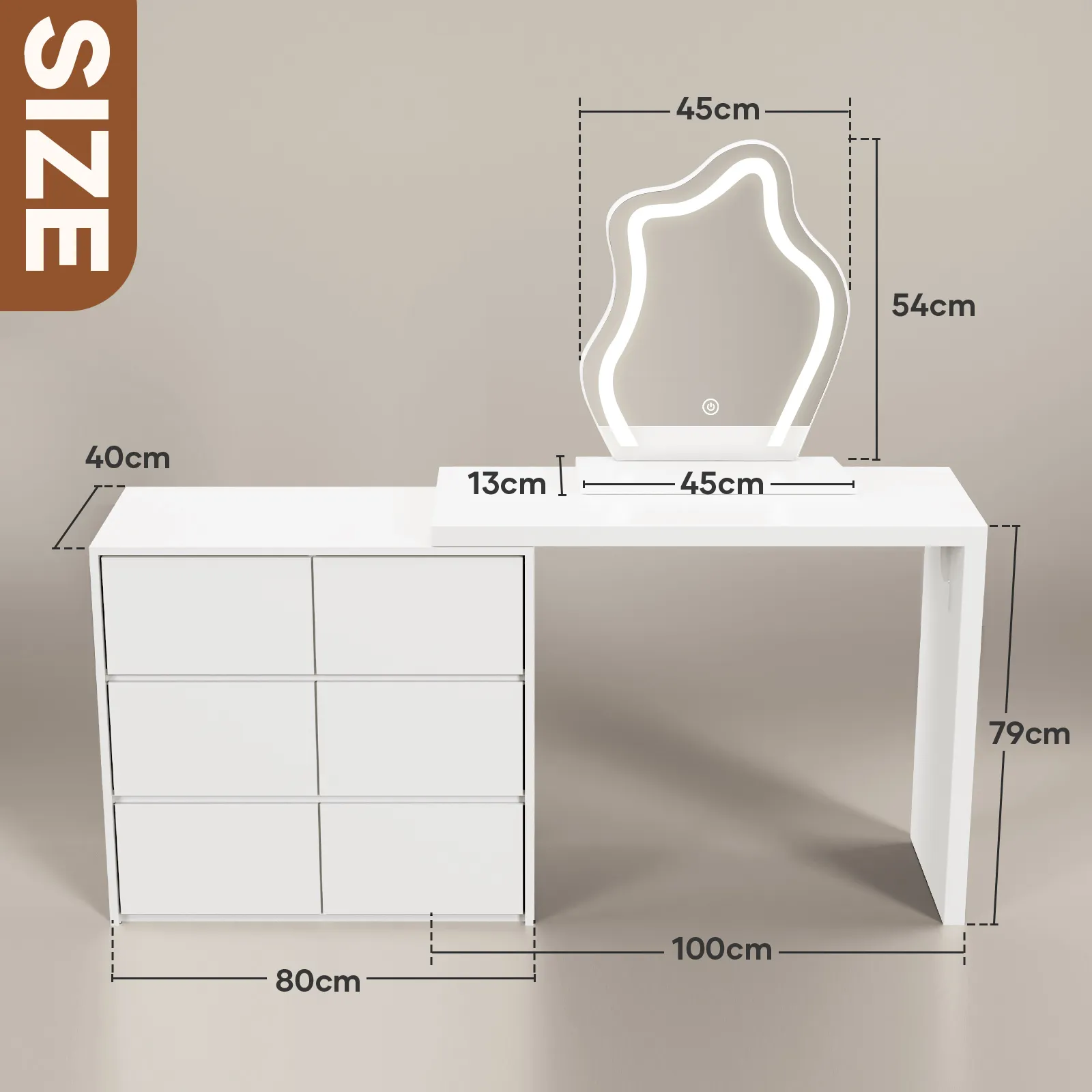 Vanity Dressing Table Dresser LED Lighted Makeup Mirror 3 Colour Lights 6 Drawer Chest Computer Writing Desk Adjustable Modern White Bedroom Furniture
