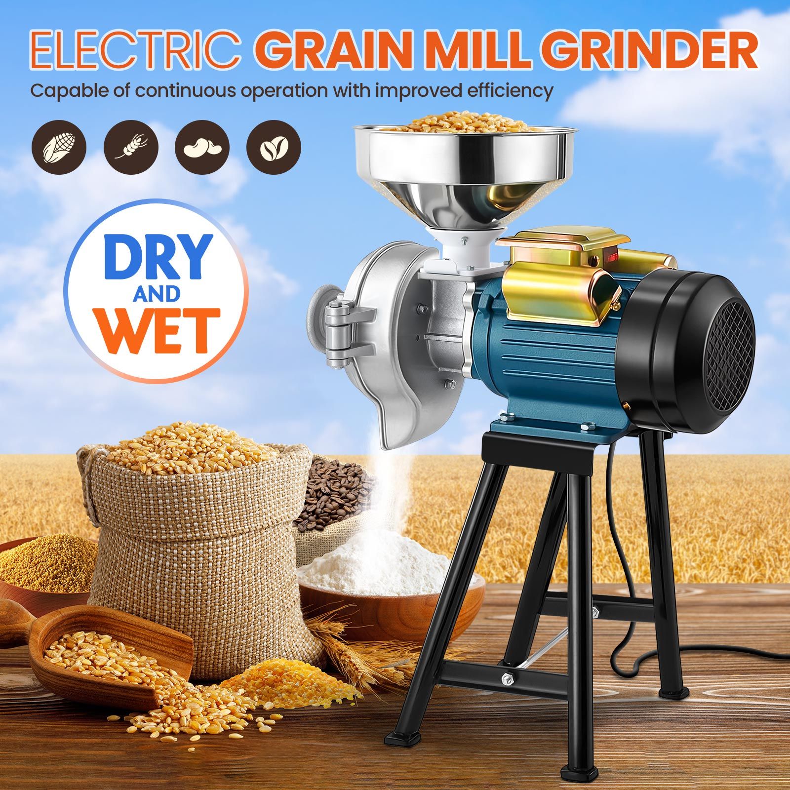 Electric Grain Mill Grinder Machine Dry Wet Corn Rice Wheat Feed Flour Spice Cereal Coffee Bean Powder Commercial Home Nut Tofu Sorghum Milling 3000W