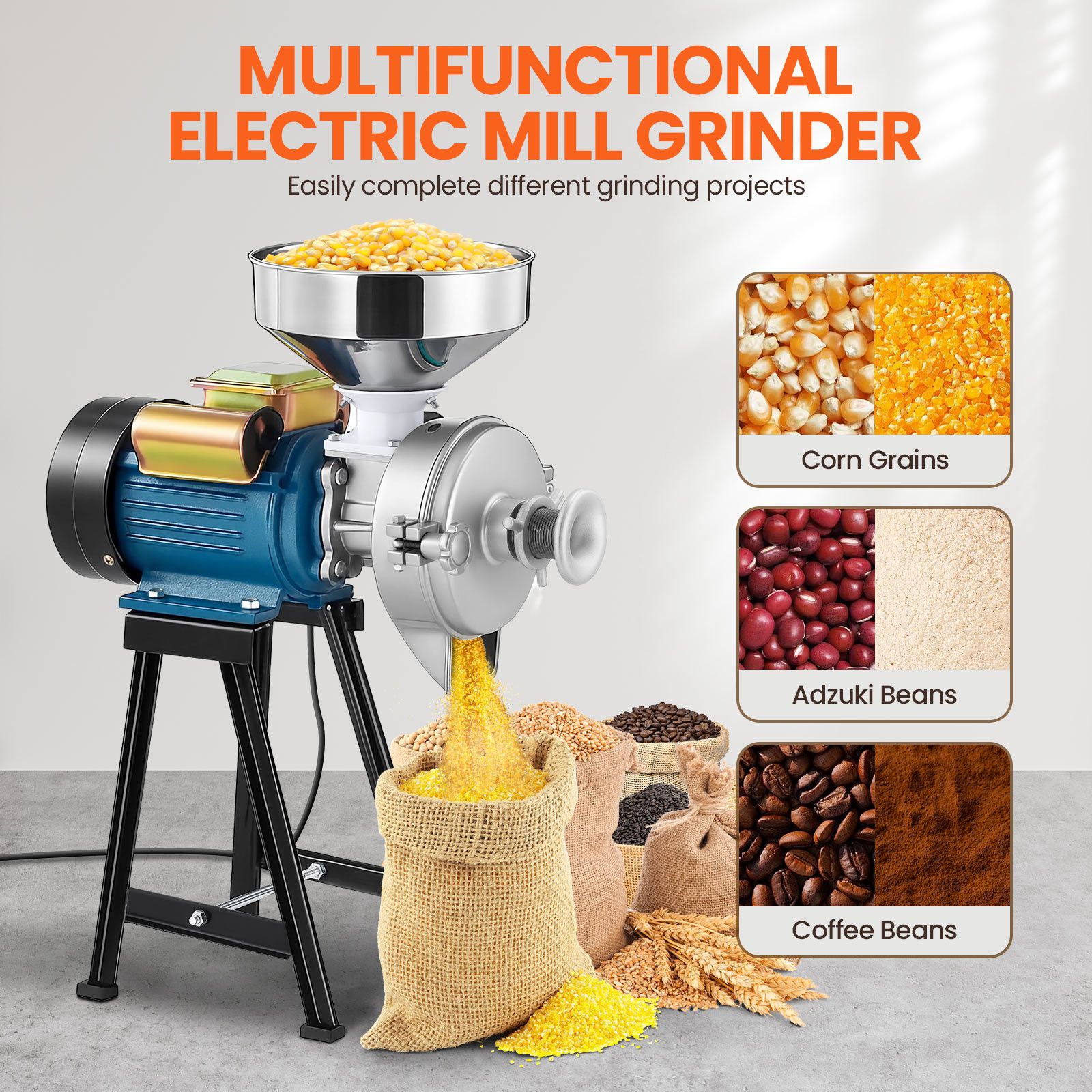 Electric Grain Mill Grinder Machine Dry Wet Corn Rice Wheat Feed Flour Spice Cereal Coffee Bean Powder Commercial Home Nut Tofu Sorghum Milling 3000W