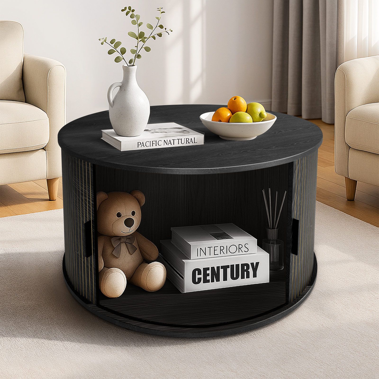 Round Coffee Table Bedside Sofa Side Storage End Tea Cafe Cocktail Nightstand Couch Lounge Lamp Desk Shelves Modern Black Sliding Door Room Furniture