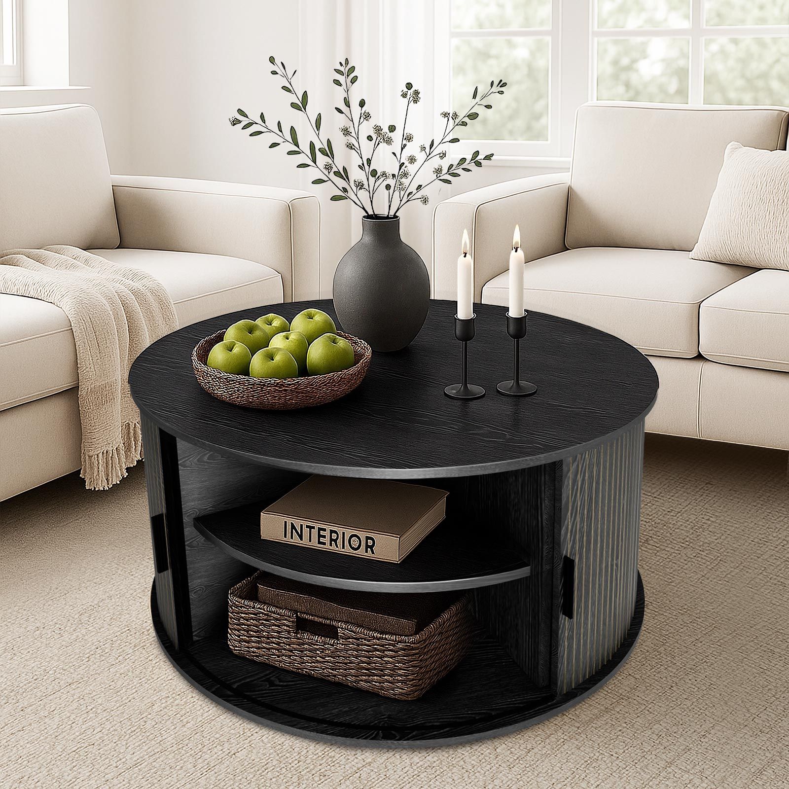Round Coffee Table Bedside Sofa Side Storage End Tea Cafe Cocktail Nightstand Couch Lounge Lamp Desk Shelves Modern Black Sliding Door Room Furniture