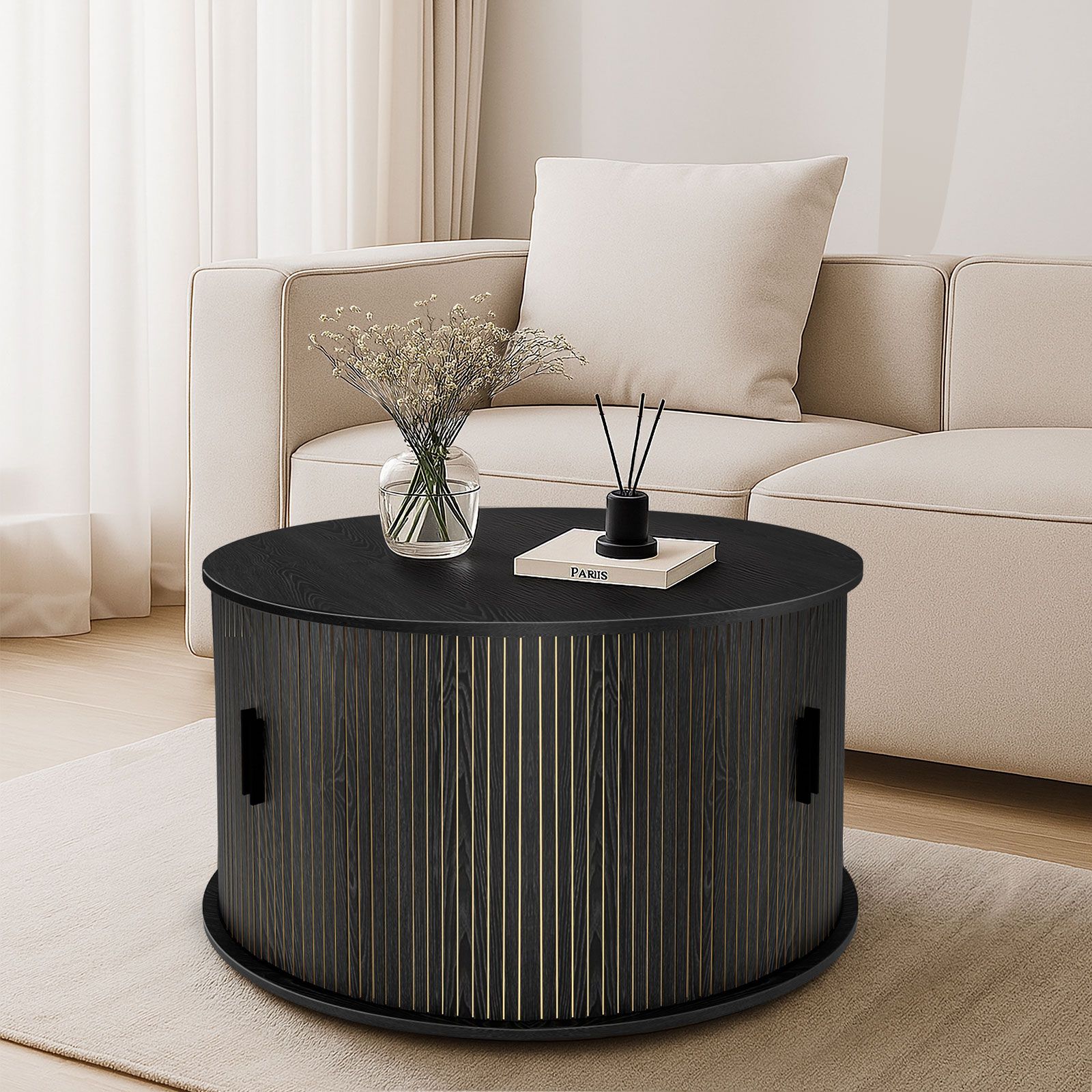 Round Coffee Table Bedside Sofa Side Storage End Tea Cafe Cocktail Nightstand Couch Lounge Lamp Desk Shelves Modern Black Sliding Door Room Furniture