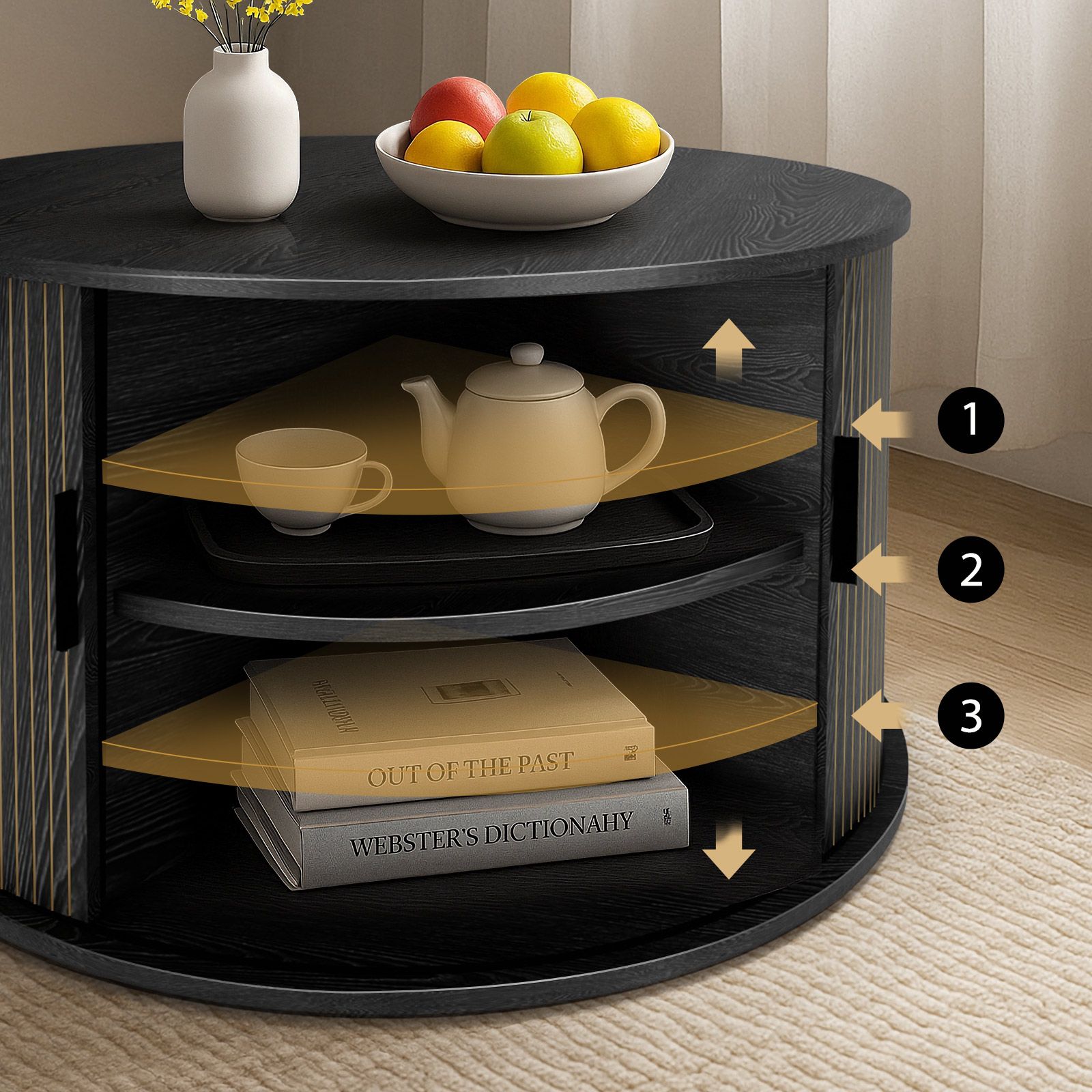 Round Coffee Table Bedside Sofa Side Storage End Tea Cafe Cocktail Nightstand Couch Lounge Lamp Desk Shelves Modern Black Sliding Door Room Furniture