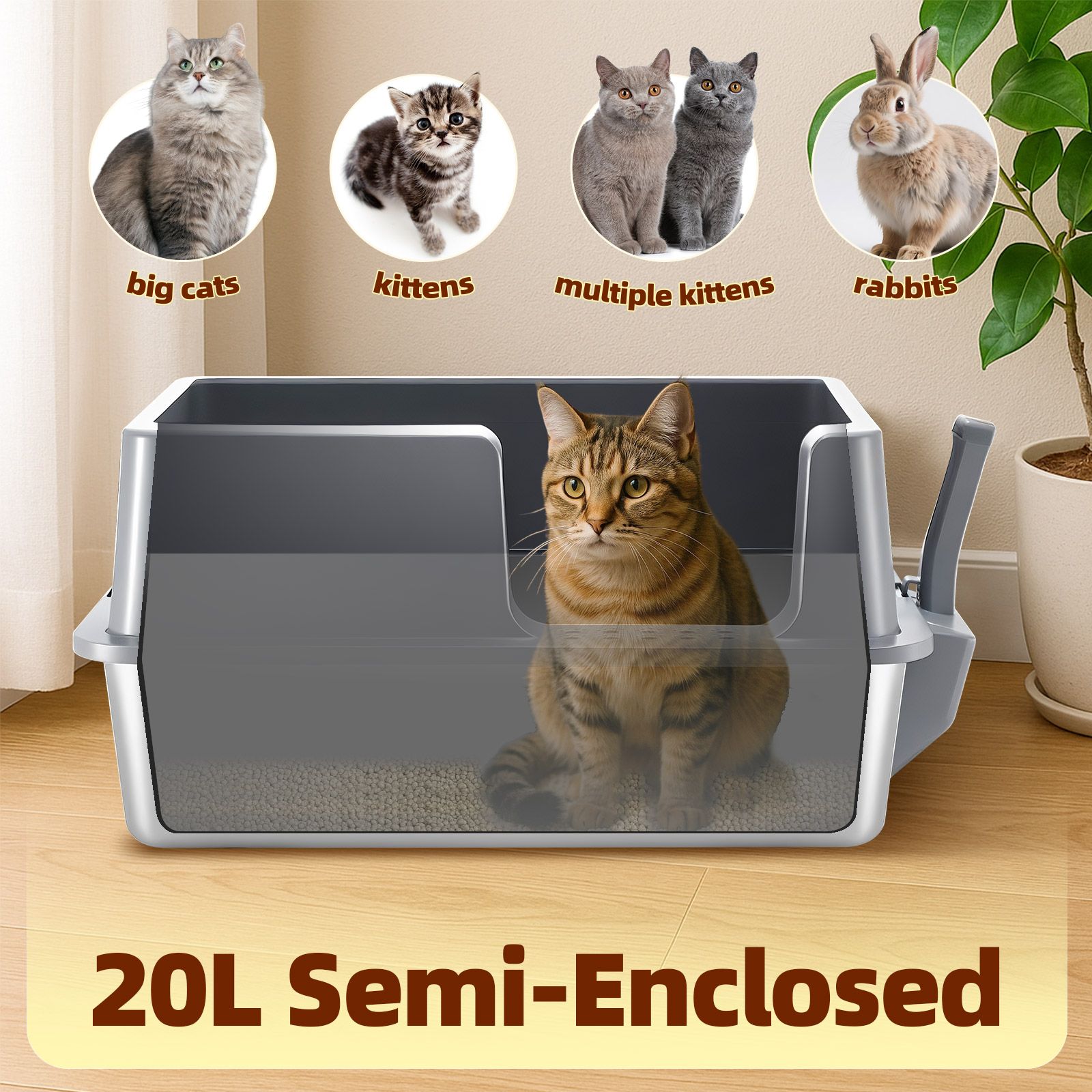 Cat Kitty Litter Box Stainless Steel Potty Pan Toilet Metal Tray High Sided Pet Furniture Semi Enclosed Feline Kitten Washroom Filter Pedal Ramp Scoop