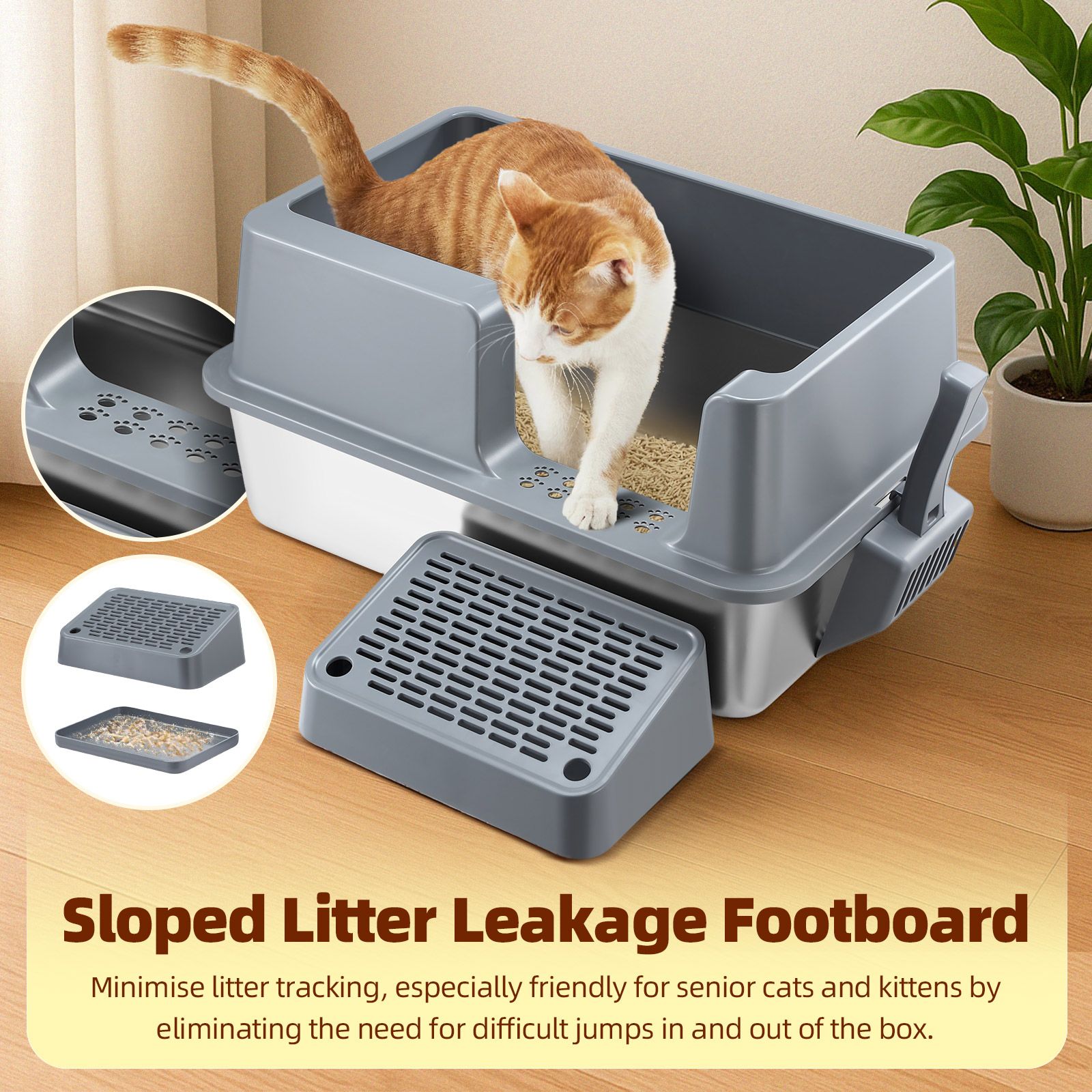Cat Kitty Litter Box Stainless Steel Potty Pan Toilet Metal Tray High Sided Pet Furniture Semi Enclosed Feline Kitten Washroom Filter Pedal Ramp Scoop