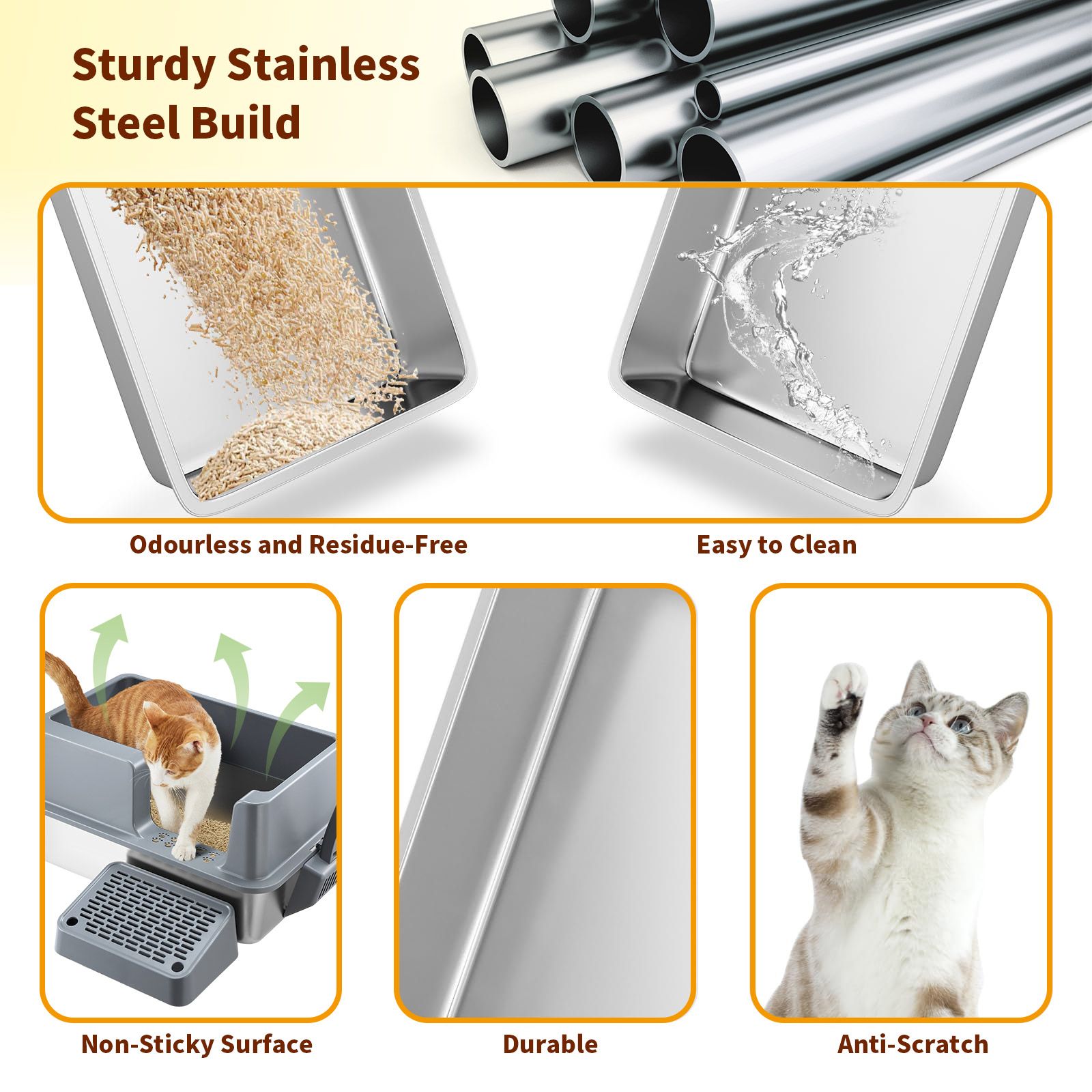 Cat Kitty Litter Box Stainless Steel Potty Pan Toilet Metal Tray High Sided Pet Furniture Semi Enclosed Feline Kitten Washroom Filter Pedal Ramp Scoop