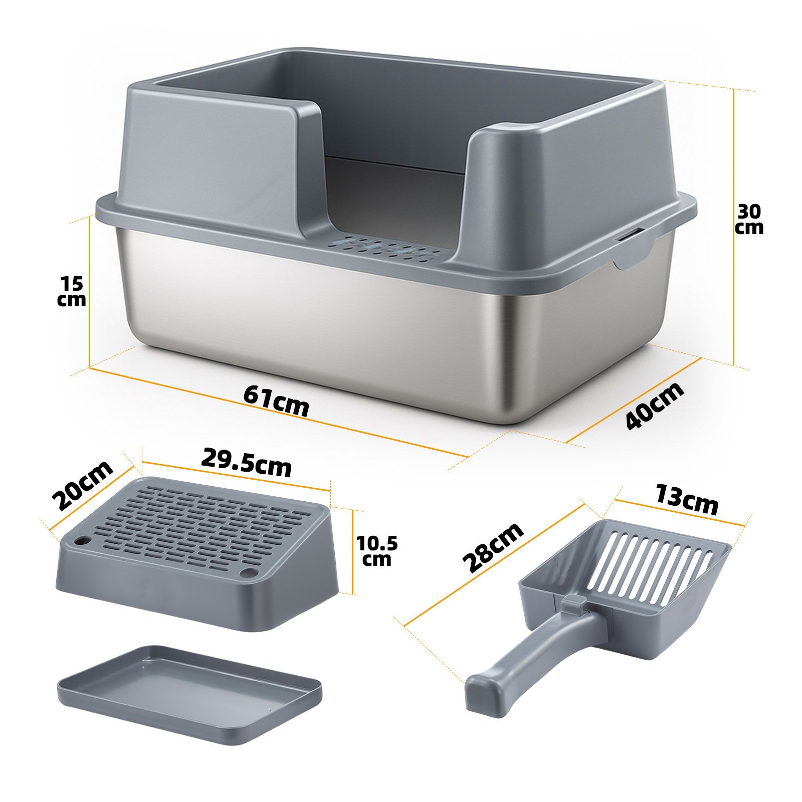 Cat Kitty Litter Box Stainless Steel Potty Pan Toilet Metal Tray High Sided Pet Furniture Semi Enclosed Feline Kitten Washroom Filter Pedal Ramp Scoop