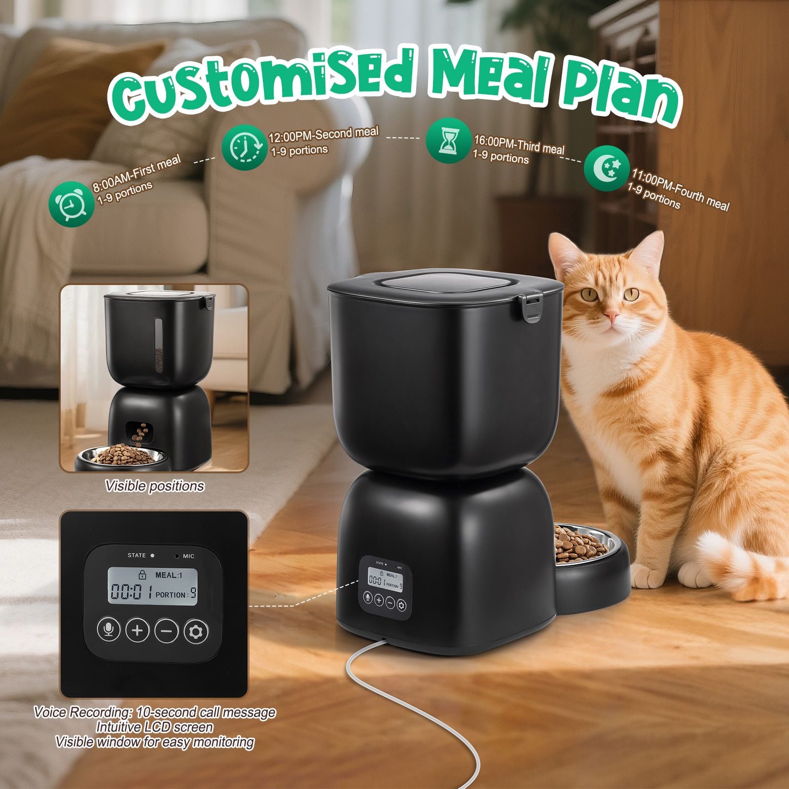 Auto Pet Cat Feeder 3L Food 2L Water Dispenser Dog Feeding Drinking Fountain Automatic Drinker Waterer Timed 10s Voice Recorder 4 Daily Meals Bowl