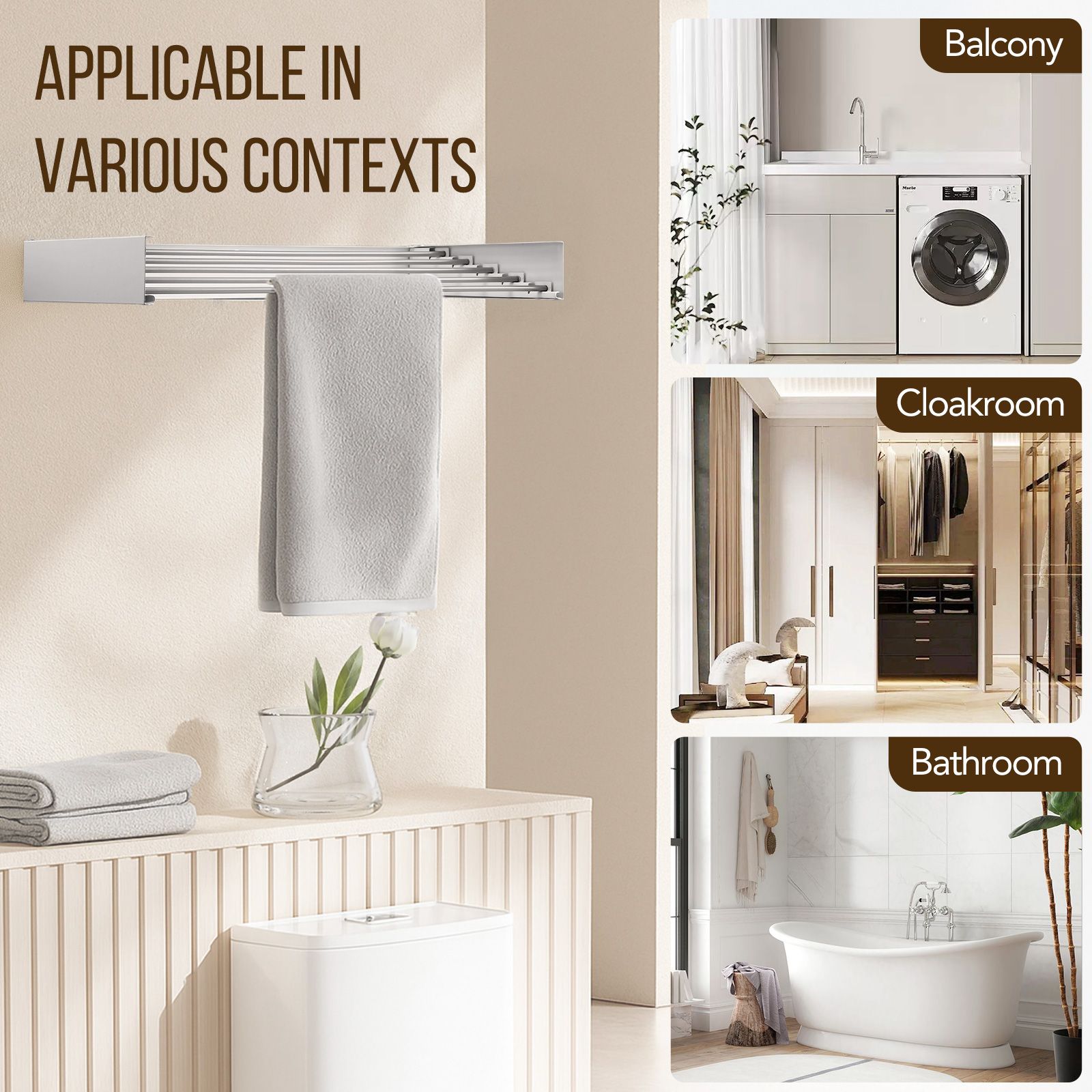 Clothes Drying Rack Wall Mounted Folding Indoor Bathroom Laundry Garment Airer Towel Rails Clothing Collapsible Space Saver Aluminium 5 Hanging Rods