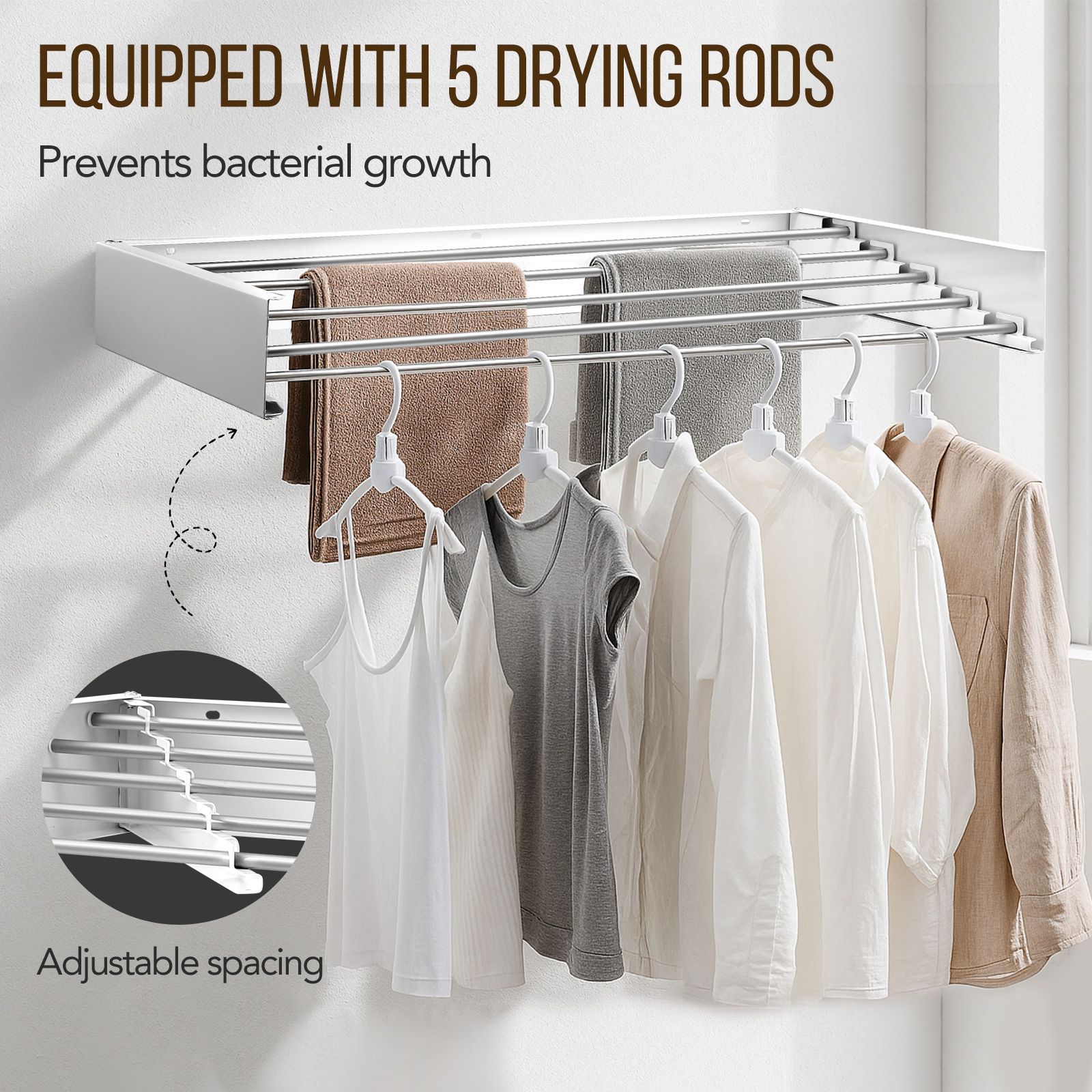 Clothes Drying Rack Wall Mounted Folding Indoor Bathroom Laundry Garment Airer Towel Rails Clothing Collapsible Space Saver Aluminium 5 Hanging Rods