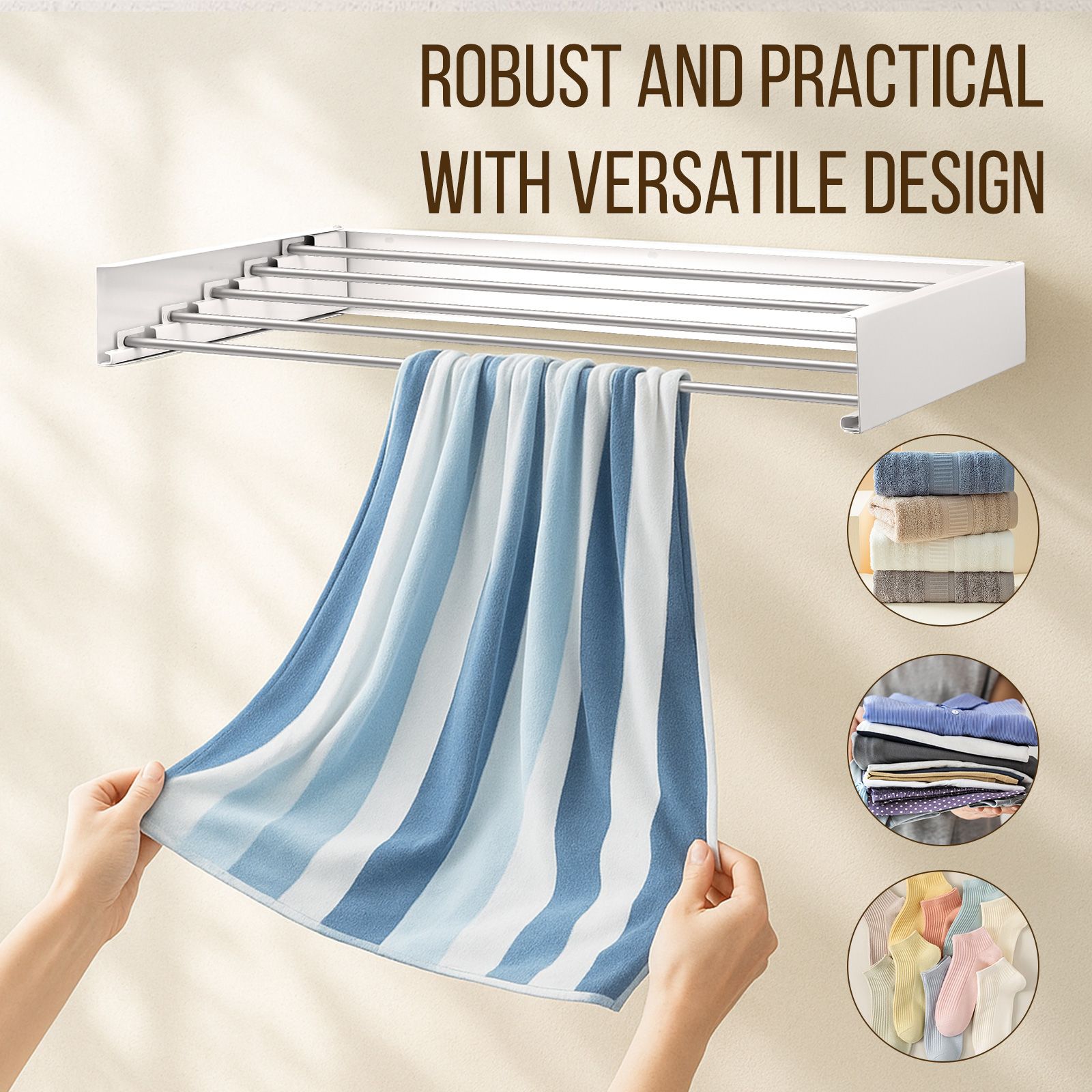 Clothes Drying Rack Wall Mounted Folding Indoor Bathroom Laundry Garment Airer Towel Rails Clothing Collapsible Space Saver Aluminium 5 Hanging Rods