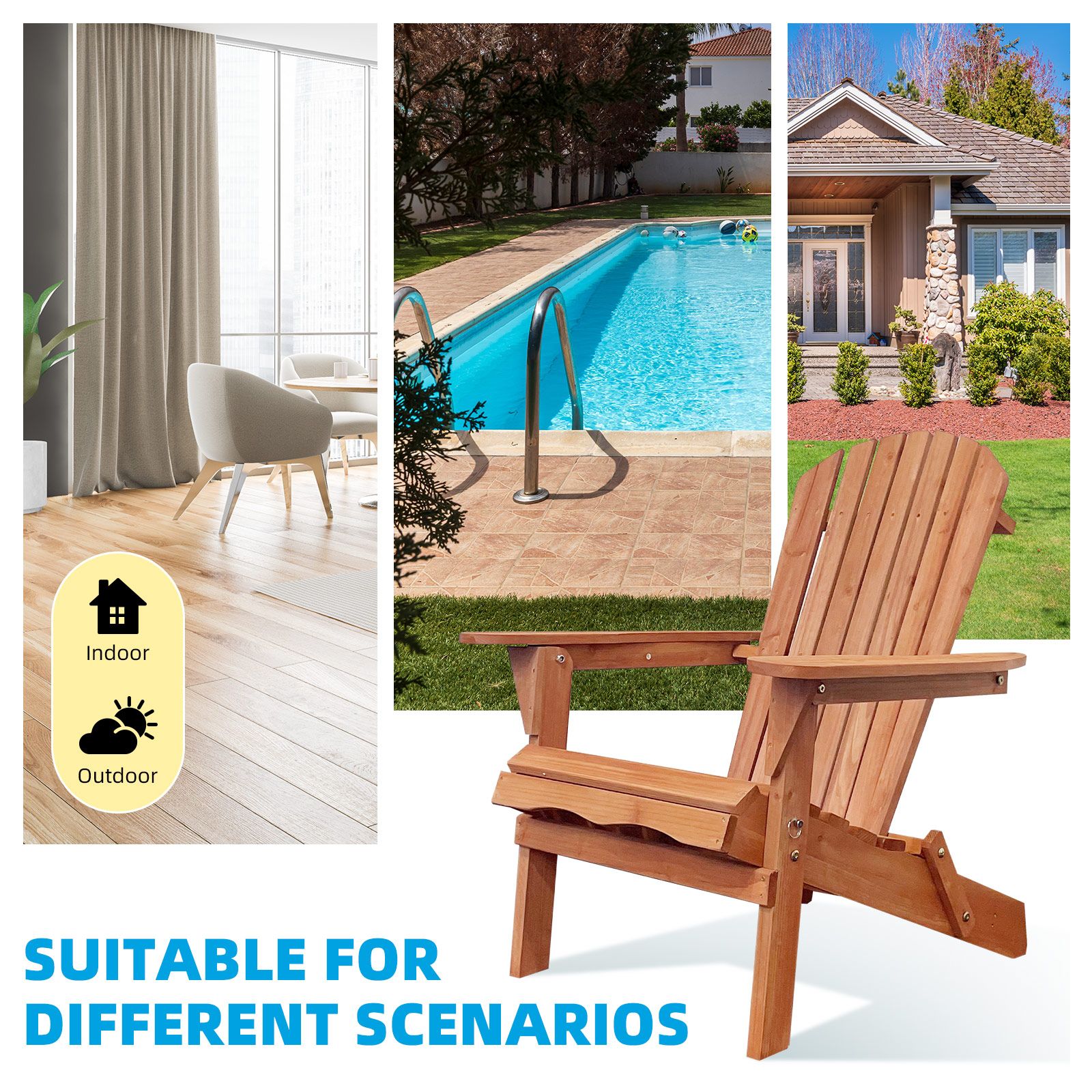 Folding Adirondack Chair Wood Outdoor Furniture Patio Back Yard Beach Lounge Seat Foldable Garden Fire Pit Lawn Pool Side Deck Porch Weather Resistant
