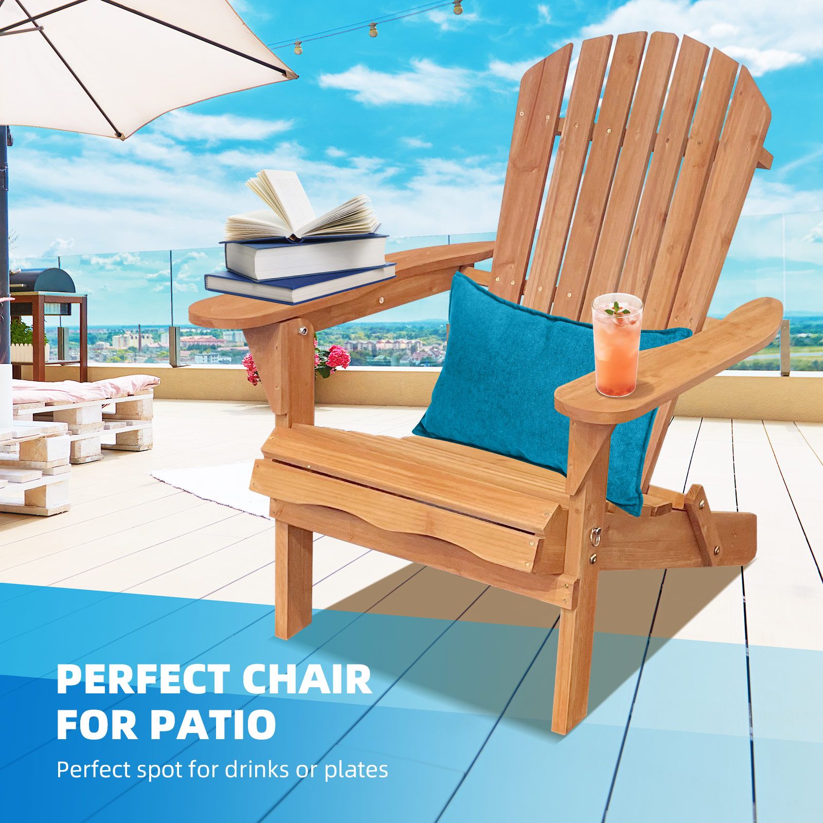 Folding Adirondack Chair Wood Outdoor Furniture Patio Back Yard Beach Lounge Seat Foldable Garden Fire Pit Lawn Pool Side Deck Porch Weather Resistant