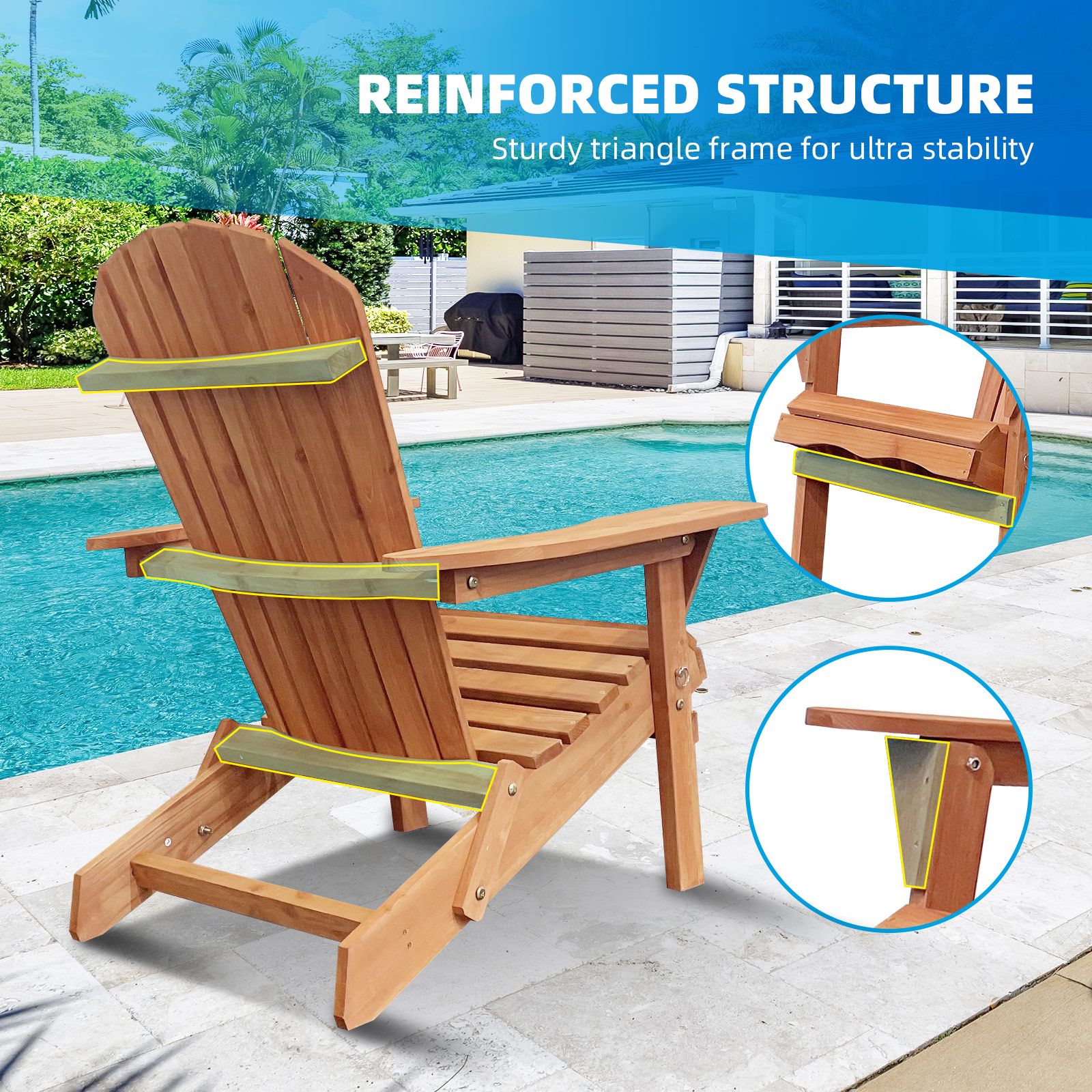 Folding Adirondack Chair Wood Outdoor Furniture Patio Back Yard Beach Lounge Seat Foldable Garden Fire Pit Lawn Pool Side Deck Porch Weather Resistant