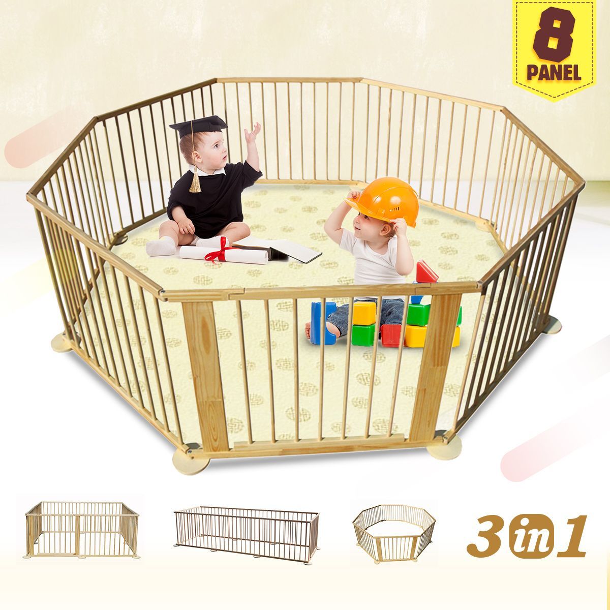 Kids Baby Toddler Deluxe Wooden Large 8 Panel Playpen Divider - Woodgrain