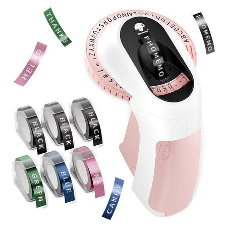 Embossing Label Maker Machine, Retro Embossed Label Maker, Old School Embosser Labeler with 6 Rolls 3D Embossing Label, Pink