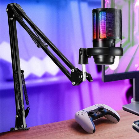 USB Gaming Microphone PC Mic Boom Arm Noise Reduction Condenser Mute Gain Monitoring for Phone Podcast Streaming YouTube Recording Computer Desktop