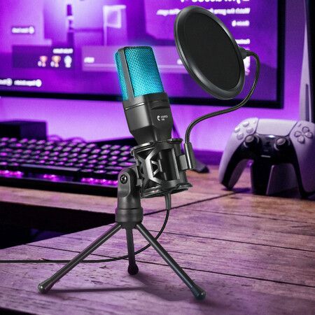 USB Podcast Microphone PC Mic Computer Condenser Tripod Stand Pop Filter RGB Gaming YouTube Streaming Omnidirectional Recording Laptop Plug and Play