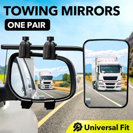 2 Towing Mirrors Caravan Car Safety Convex Flat Mirror Clipon Side 4X4 Trailer Heavy Duty Multi Fit Clamp On Truck Offroad Camper Travel RV Vehicle